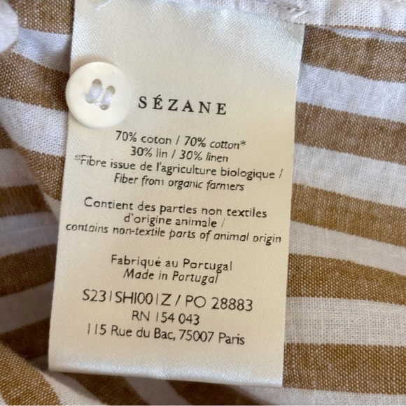 Sezane Tomboy Striped Button Front Linen Blend Shirt Sz 36 Small Ecru Camel - Picture 7 of 8